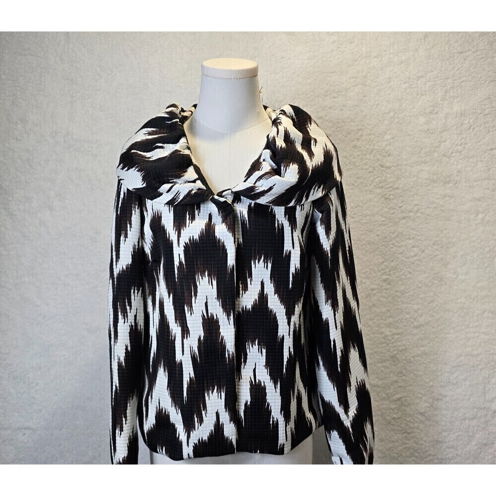 Carole Little Coat S Brown White Zebra Ikat Print‎ Shawl Collar Full Zip Jacket
